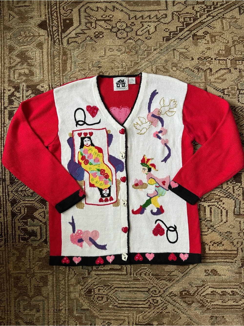Vintage Storybook Knits Red Queen of Hearts Playing Card Cardigan Sweater M